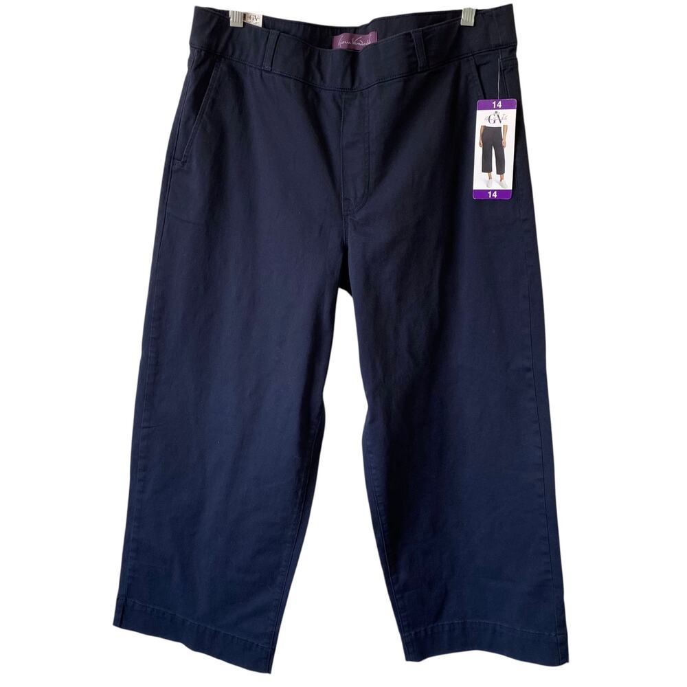 NEW GLORIA VANDERBILT Mid Rise Wide Leg Crop Smoothing Tummy Panel Pants Navy 14